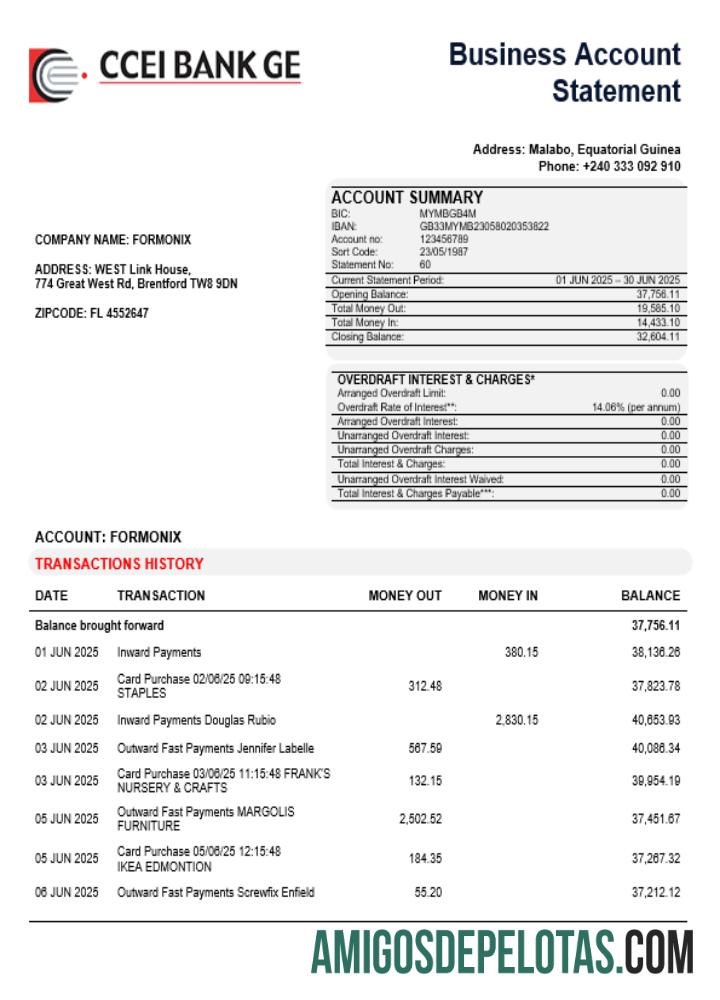 CCEI Bank Business Company Extrato de conta em formato Word e PDF